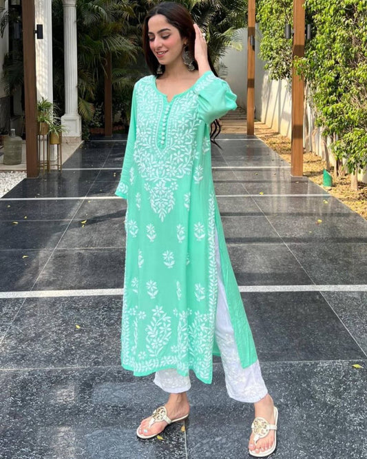 Ready To Wear Green-White Rayon Cotton Embroidery Work Chikan Kari Suit