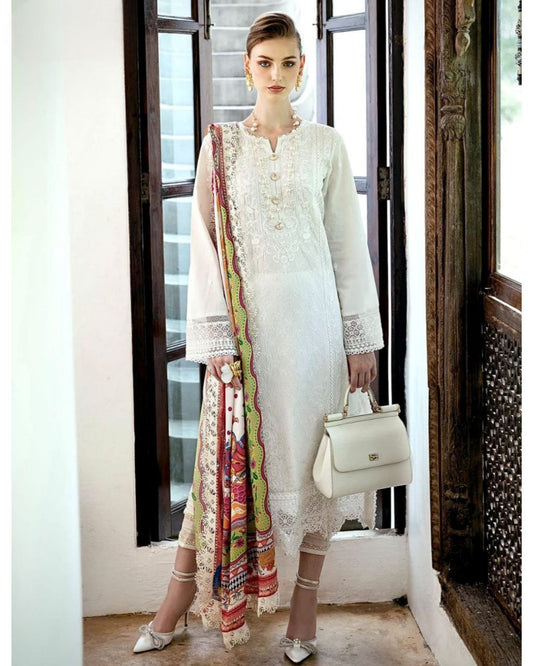 Ready To Wear White Rayon Cotton Embroidery Work Chikan Kari Suit With Dupatta