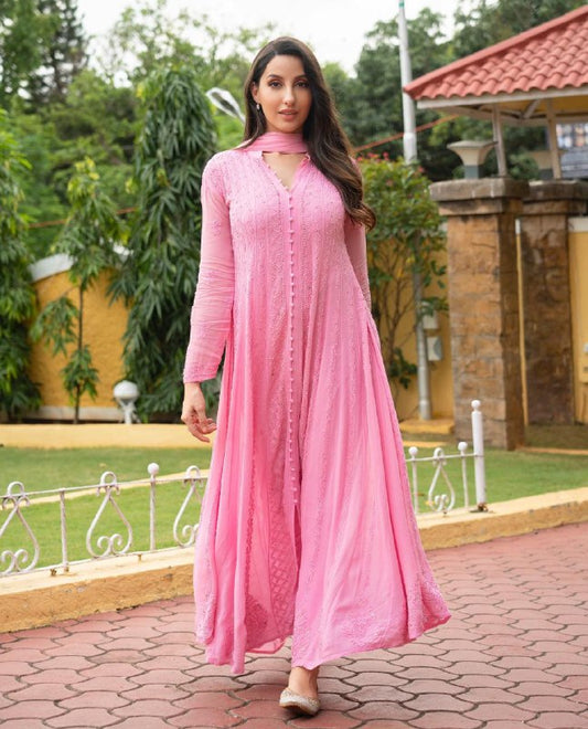 Ready To Wear Pink Rayon Cotton Hand Work  Chikan Kari Suit With Dupatta