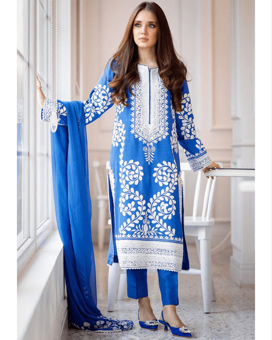 Causal Blue Faux Georgette Embroidery Work Chikan Kari Suit With White Dupatta