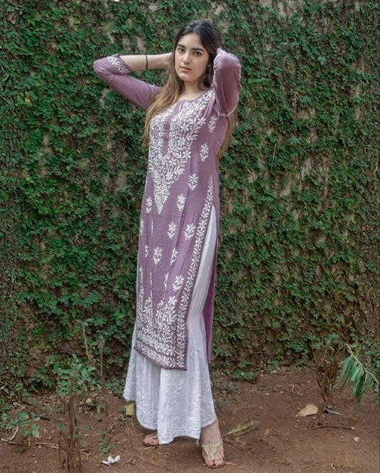 Ready To Wear Lavender-White Rayon Cotton Embroidery Work Chikan Kari Suit With Dupatta
